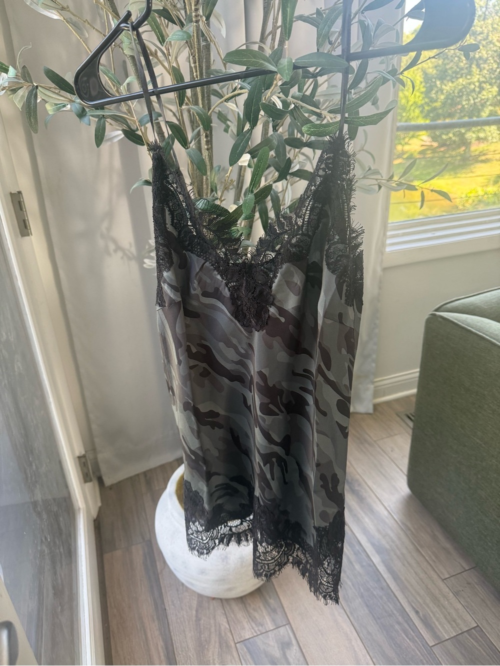 Lace Trim Camo 100% Slip Dress - Black/Gray, size s, nwt